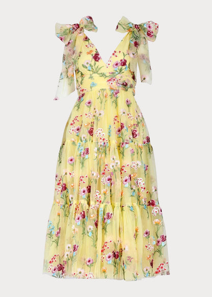 Margaret Floral Embroidered Midi Dress Yellow by JessaKae