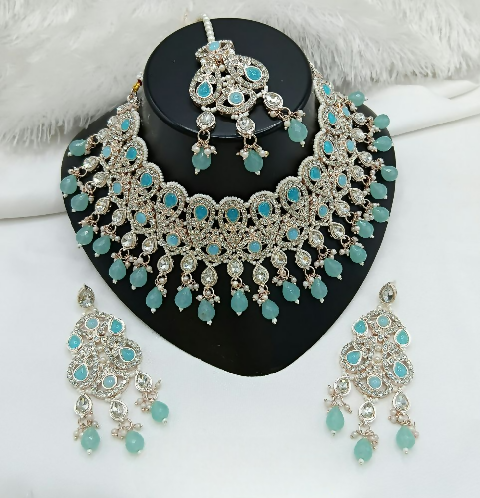 Joban Fashion Sky Blue Color Stone Work Necklace Set