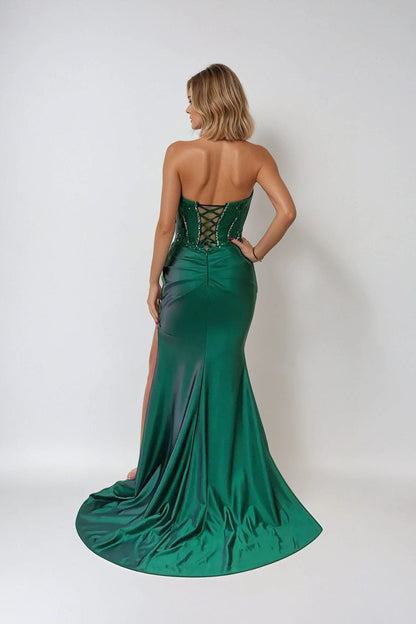 Juliet JT2536K Strapless Sweetheart Corset Back Fitted Satin Prom Gown by DiscountDressShop