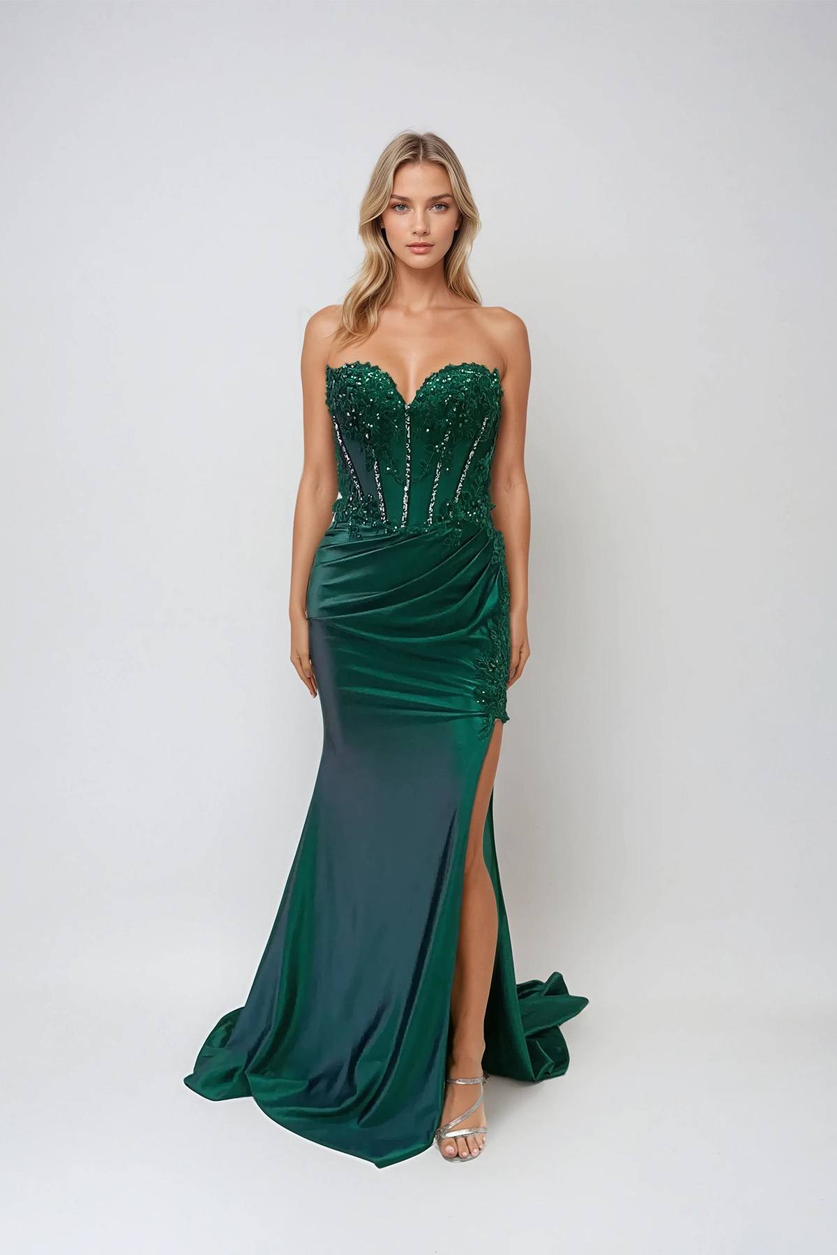 Juliet JT2536K Strapless Sweetheart Corset Back Fitted Satin Prom Gown by DiscountDressShop