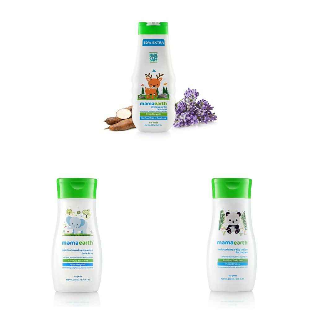 Mamaearth Dusting Powder &amp; Gentle Cleansing Shampoo &amp; Daily Moisturizing Lotion