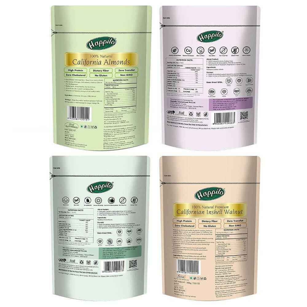 Happilo Premium Californian Almonds, Whole Cashews, Raisins &amp; Walnuts Inshell Combo