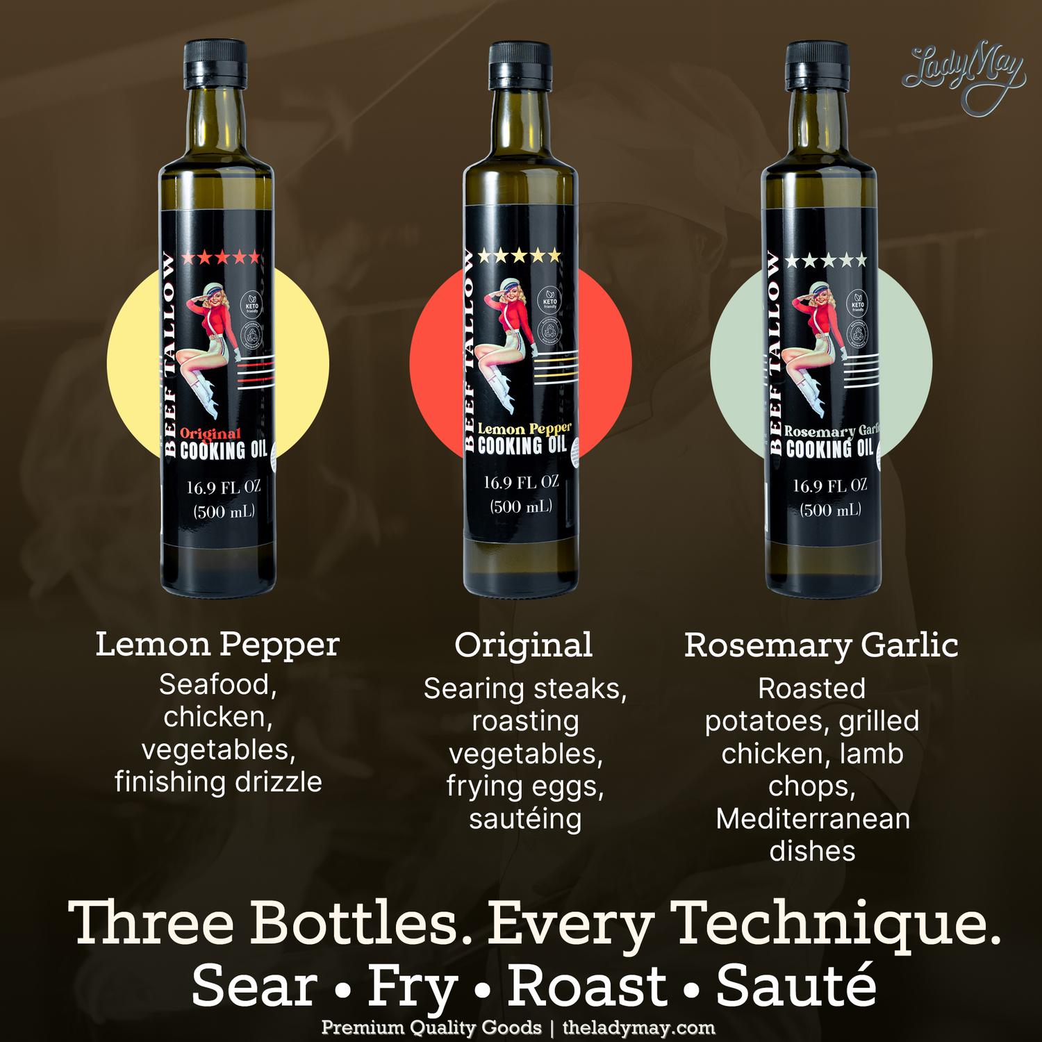 Cooking Oil Trio Bundle | Grass-Fed Beef Tallow &amp; Olive Oil | Original, Rosemary Garlic &amp; Lemon Pepper | Clean High-Heat Cooking from Our Restaurant Kitchen by The Lady May