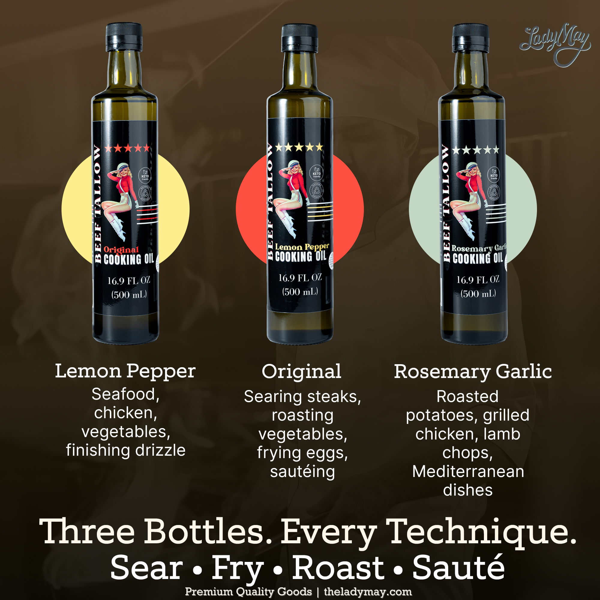 Cooking Oil Trio Bundle | Grass-Fed Beef Tallow &amp; Olive Oil | Original, Rosemary Garlic &amp; Lemon Pepper | Clean High-Heat Cooking from Our Restaurant Kitchen by The Lady May