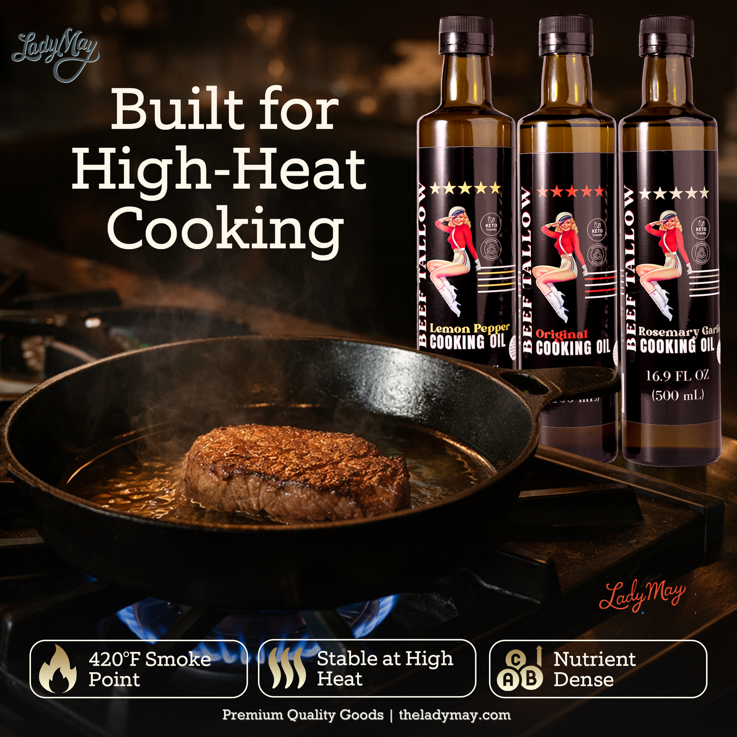 Cooking Oil Trio Bundle | Grass-Fed Beef Tallow &amp; Olive Oil | Original, Rosemary Garlic &amp; Lemon Pepper | Clean High-Heat Cooking from Our Restaurant Kitchen by The Lady May