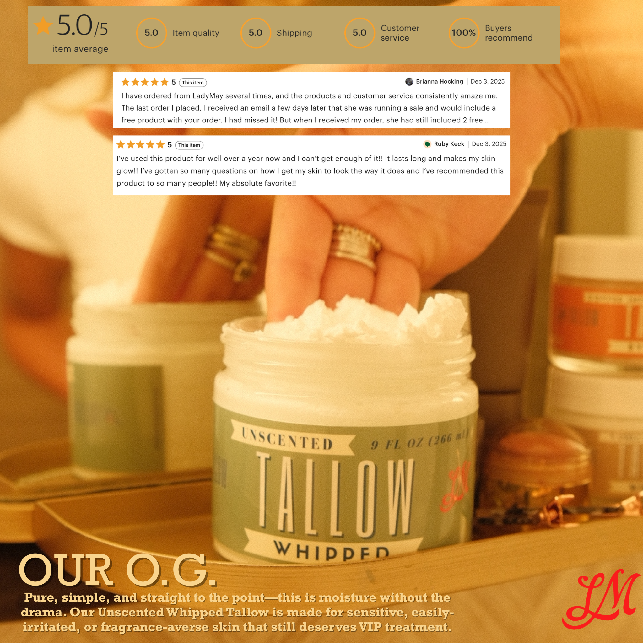 Unscented Whipped Tallow – All-Natural Moisturizer | Pure Beef Tallow Cream for Face &amp; Body |Lady May Handmade, Preservative-Free Skincare by Lady May Tallow