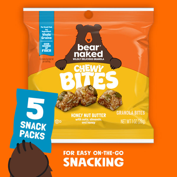 Bear Naked Chewy Granola Bites, Whole Grain and Fiber, Honey Nut Butter,  Box (5 Pouches)  DestGlow