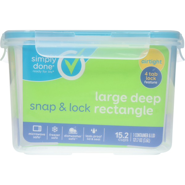 Simply Done Container &amp; Lid, Snap &amp; Lock, Large, Deep Rectangle, 121.7 Ounce  DestGlow