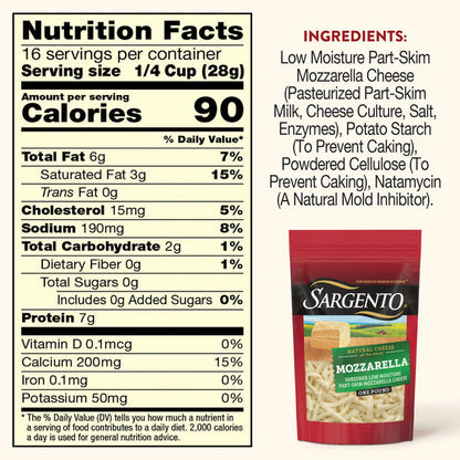 Sargento Natural Mozzarella Shredded Cheese, Traditional Cut, 16 oz