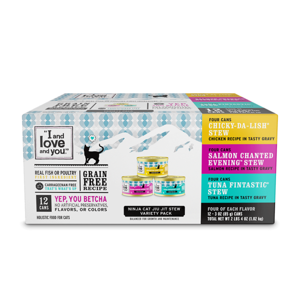 I and love and you Cat Can Variety-pack, Stew; Chicky-Da-Lish, Salmon Chanted Evening, Tuna Fintastic  DestGlow