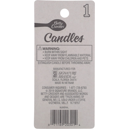 Betty Crocker Birthday Candle, Numeral 1, 3 Inch