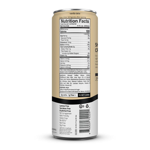 Slate Vanilla Latte, 20g Protein, Lactose Free, 0g Added Sugar  DestGlow
