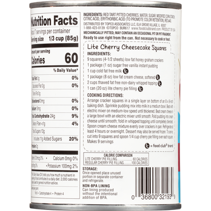 Food Club Pie Filling or Topping, Lite, Cherry