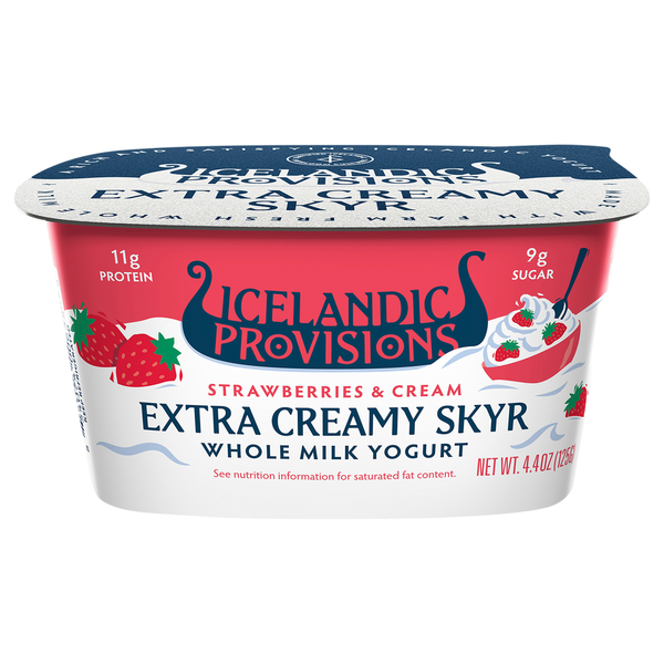 Icelandic Provisions Yogurt, Strawberries &amp; Cream, Whole Milk, Extra Creamy Skyr