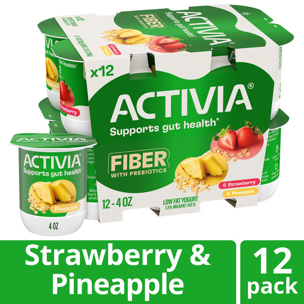 Activia Fiber Strawberry and Pineapple Probiotic Yogurt, Delicious Low Fat Yogurt Cups with Prebiotics to Help Support Gut Health, Variety Pack, 4 oz, 12 Count