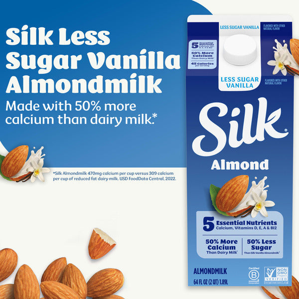 Silk Almond Milk, Less Sugar, Vanilla, Dairy Free, Gluten Free, Seriously Creamy Vegan Plant Based Milk with Great Taste and 5 Essential Nutrients, 64 fl oz Half Gallon  DestGlow