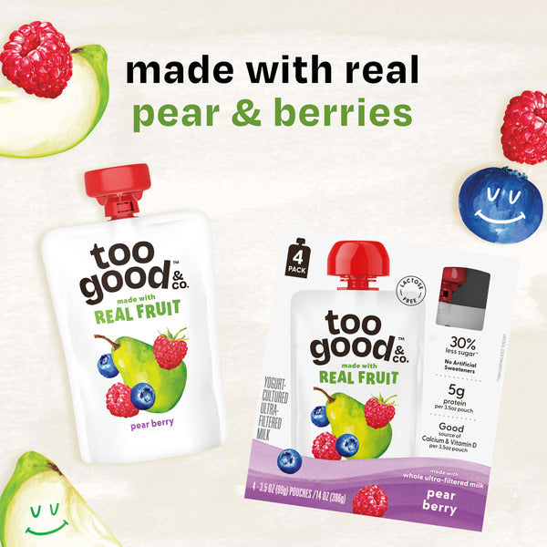 Too Good &amp; Co. Pear Berry Yogurt-Cultured Ultra-Filtered Milk Pouches, Portable Kids Snacks Made with Real Fruit, 3.5 oz, 4 Count  DestGlow