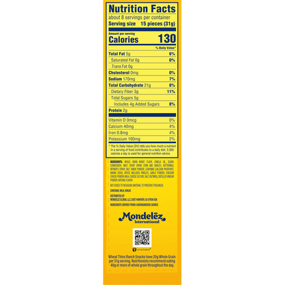 Wheat Thins 100% Whole Grain Wheat Ranch Snacks
