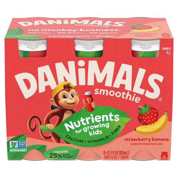 Danimals Smoothie Strawberry Banana Dairy Drink Multi-Pack, Creamy and Delicious Low Fat Snacks for Kids, 6 Ct, 3.1 oz Smoothie Bottles