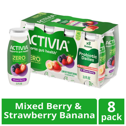 Activia ZERO 0g Added Sugar Strawberry Banana and Mixed Berry Probiotic Dailies, Low Fat Probiotic Yogurt Drinks With 0g Added Sugar to Help Support Gut Health, 3.1 fl oz, 8 Count