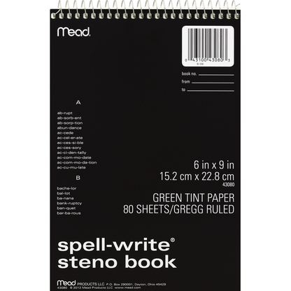 Mead Steno Book, Spell-Write, Green Tint, Gregg Ruled, 80 Sheets