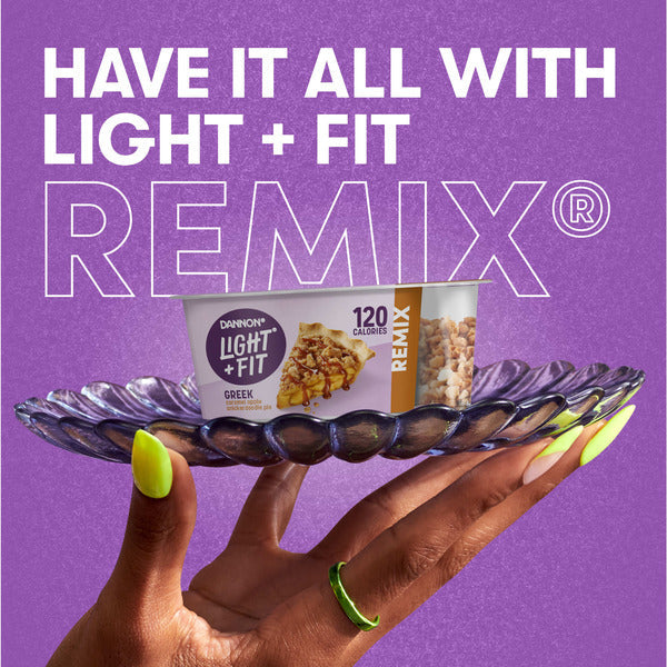 Dannon Light + Fit Dannon Light + Fit REMIX Caramel Apple Pie Flavored Fat Free Greek Yogurt with Snickerdoodle Pieces, White Fudge Chunks and Cinnamon Sprinkles Mix-Ins, 4.5 oz Yogurt Cup  DestGlow