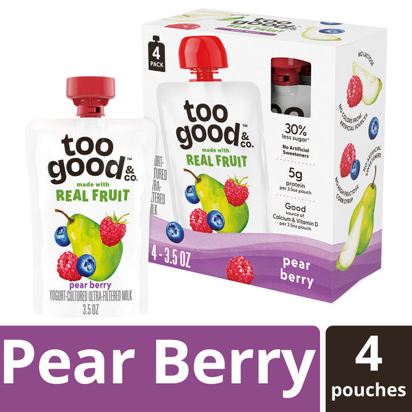 Too Good &amp; Co. Pear Berry Yogurt-Cultured Ultra-Filtered Milk Pouches, Portable Kids Snacks Made with Real Fruit, 3.5 oz, 4 Count  DestGlow