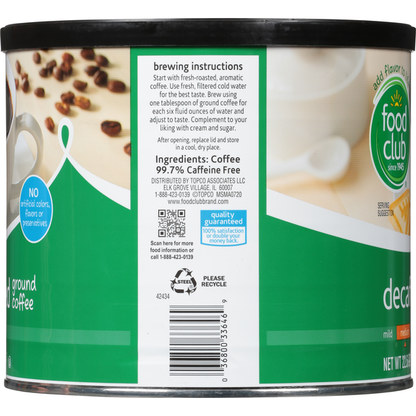 Food Club Coffee, Ground, Decaffeinated, Medium