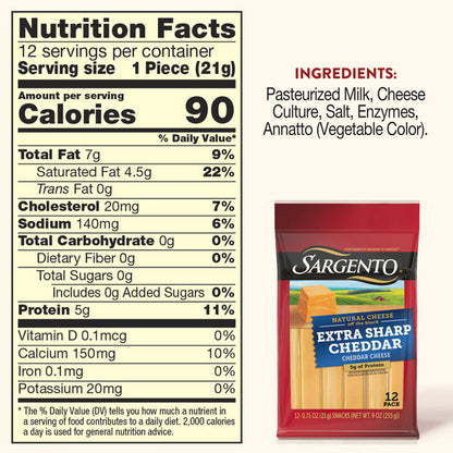Sargento Natural Extra Sharp Cheddar Cheese Sticks, 12-Count