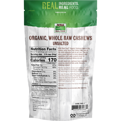 NOW Real Food Organic Whole Raw Cashews, Unsalted
