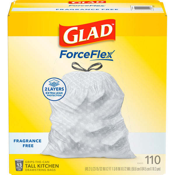 Glad ForceFlex Tall Kitchen Drawstring Trash Bags, 13 Gallon, Fragrance Free