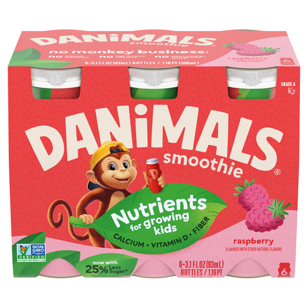 Danimals Smoothie Raspberry Dairy Drink Multi-Pack, Creamy and Delicious Low Fat Snacks for Kids, 6 Ct, 3.1 oz Smoothie Bottles  DestGlow