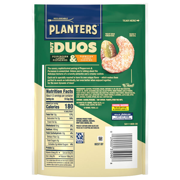 Planters 5 g Protein Nut Duos Whole Peppercorn Flavored Pistachios and Parmesan Flavored Cashews  DestGlow