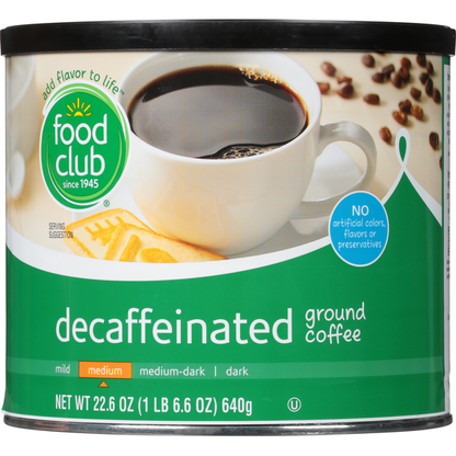 Food Club Coffee, Ground, Decaffeinated, Medium