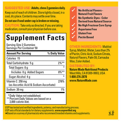 Nature Made Zero Sugar Vitamin C Gummies 250 mg per serving, Immune &amp; Antioxidant Support, Aspartame Free, 100 Sugar Free Gummies, 50 Day Supply