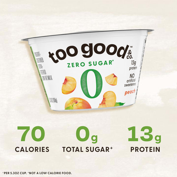 Too Good &amp; Co. Zero Sugar Peach Yogurt-Cultured Ultra-Filtered Low Fat Milk Product, Gluten Free, Keto Friendly, 5.3 oz Cup