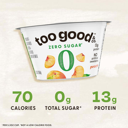 Too Good &amp; Co. Zero Sugar Peach Yogurt-Cultured Ultra-Filtered Low Fat Milk Product, Gluten Free, Keto Friendly, 5.3 oz Cup