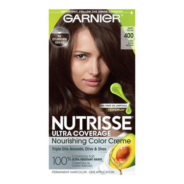 Garnier Nourishing Permanent Hair Color Creme for Stubborn Gray Coverage, Deep Dark Brown (Sweet Pecan) 400