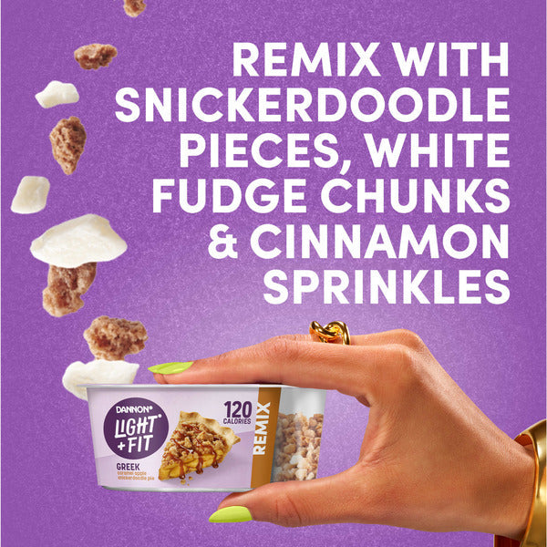 Dannon Light + Fit Dannon Light + Fit REMIX Caramel Apple Pie Flavored Fat Free Greek Yogurt with Snickerdoodle Pieces, White Fudge Chunks and Cinnamon Sprinkles Mix-Ins, 4.5 oz Yogurt Cup  DestGlow