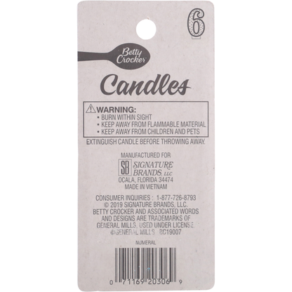Betty Crocker Birthday Candle, Numeral 6, 3 Inch