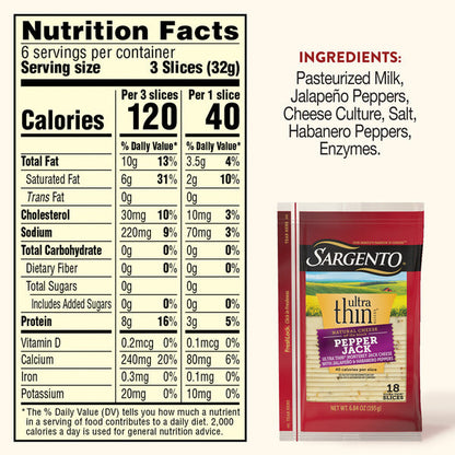 Sargento Ultra Thin® Natural Pepper Jack Sliced Cheese, 18 Slices
