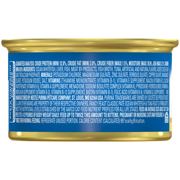 Purina Fancy Feast Classic Pate Ocean Whitefish and Tuna Feast Classic Grain Free Wet Cat Food Pate