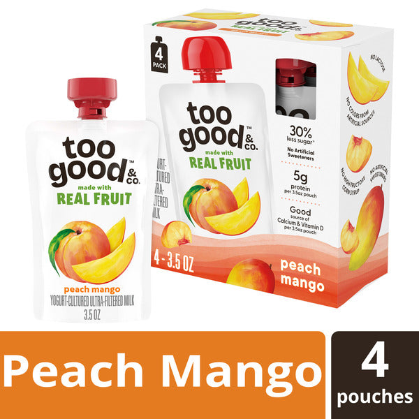 Too Good &amp; Co. Peach Mango Yogurt-Cultured Ultra-Filtered Milk Pouches, Portable Kids Snacks Made with Real Fruit, 3.5 oz, 4 Count