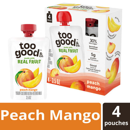 Too Good &amp; Co. Peach Mango Yogurt-Cultured Ultra-Filtered Milk Pouches, Portable Kids Snacks Made with Real Fruit, 3.5 oz, 4 Count