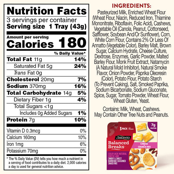 Sargento Balanced Breaks® Cheese + Crunch Mix Colby-Jack Natural Cheese and Smoky &amp; Sweet BBQ Seasoned Snack Mix of Pretzels, Roasted Cashews, Corn Sticks, Corn Kernels, Toasted Bread Chips, Snack, 3-Pack  DestGlow