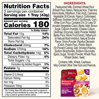 Sargento Balanced Breaks® Cheese + Crunch Mix Colby-Jack Natural Cheese and Smoky &amp; Sweet BBQ Seasoned Snack Mix of Pretzels, Roasted Cashews, Corn Sticks, Corn Kernels, Toasted Bread Chips, Snack, 3-Pack  DestGlow