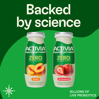 Activia ZERO 0g Added Sugar Peach and Strawberry Probiotic Dailies, Low Fat Probiotic Yogurt Drinks With 0g Added Sugar to Help Support Gut Health, 3.1 fl oz, 8 Count