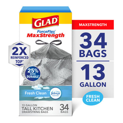 Glad ForceFlex MaxStrength Tall Kitchen Trash Bags, 13 Gallon, Fresh Clean Scent
