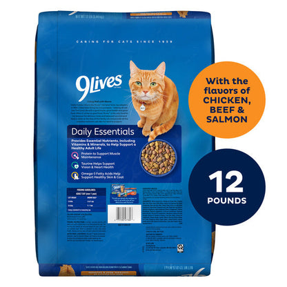 9Lives Daily Essentials Dry Cat Food for Adult Cats with Chicken, Beef &amp; Salmon Flavors, 12 lb. Bag  DestGlow