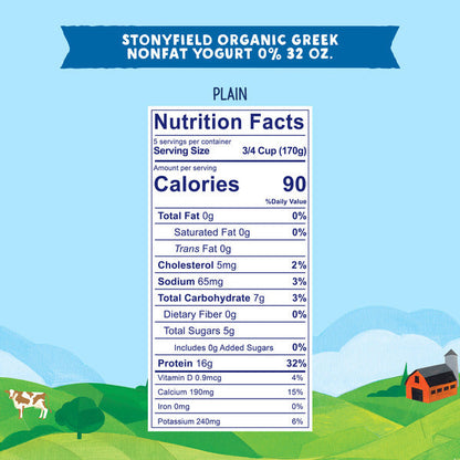 Stonyfield Organic Greek Nonfat Yogurt, Plain, 32 oz. – High in Protein (16g), 0% Fat; Multi-Serving Yogurt Snack &amp; Cooking Substitute